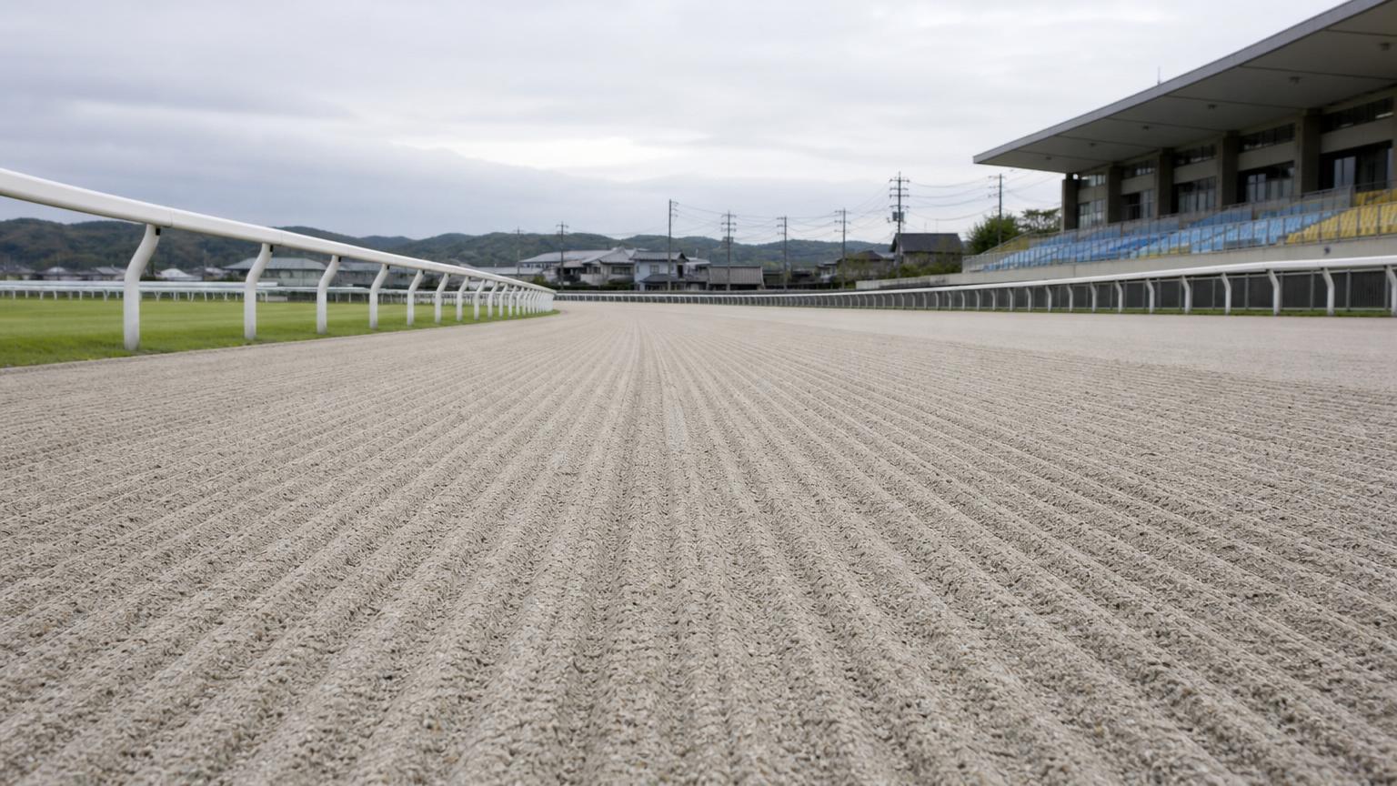 姫路競馬場をイメージした砂のコース。レース前のハロー掛けを終えた無人の走路が、走行方向に走る細い筋を残して奥へ続いている