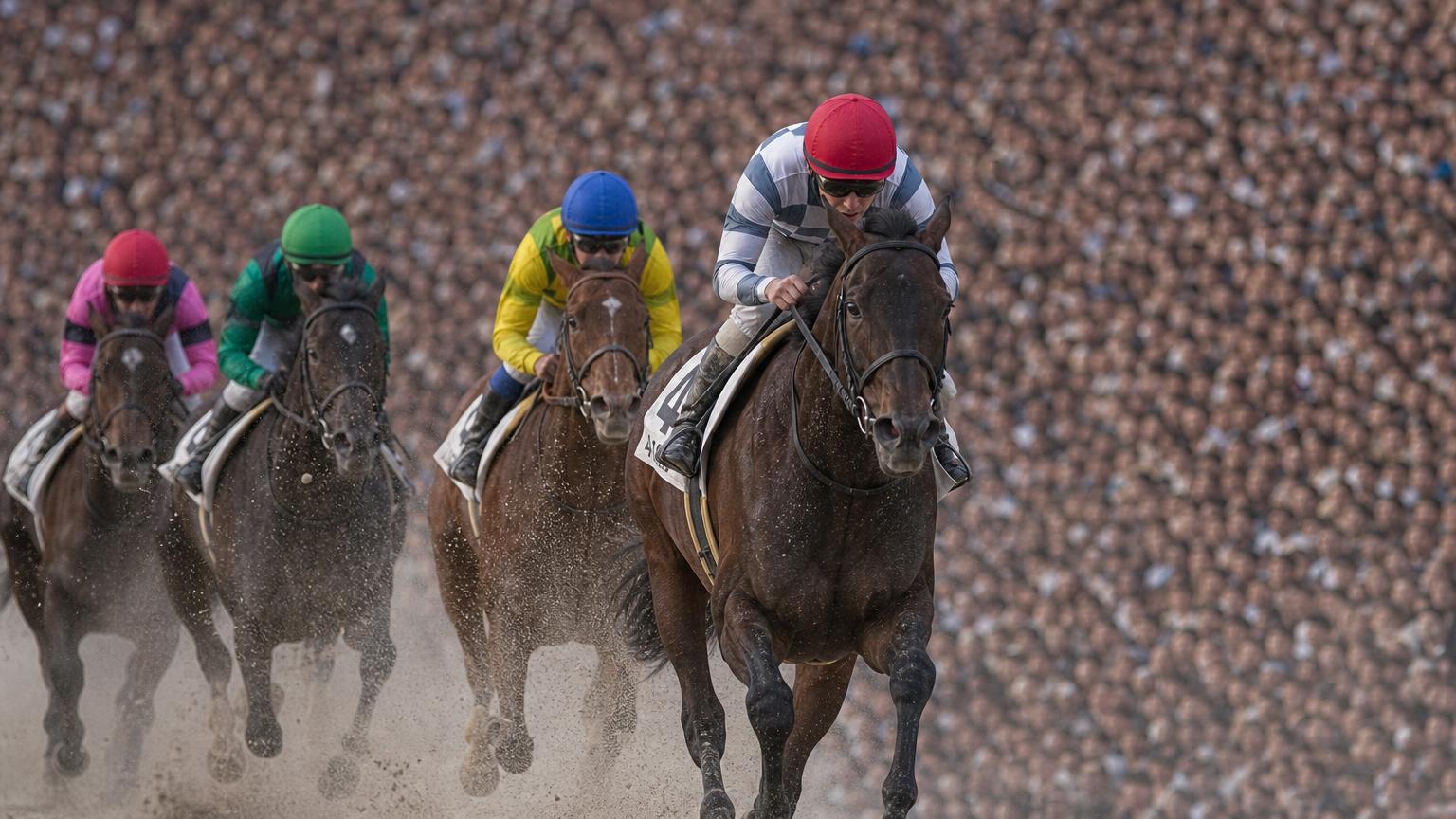 満員の大観衆を背に、中央競馬のダートコースを追い比べる競走馬と騎手たち。砂を蹴立てて一頭が抜け出そうとしている
