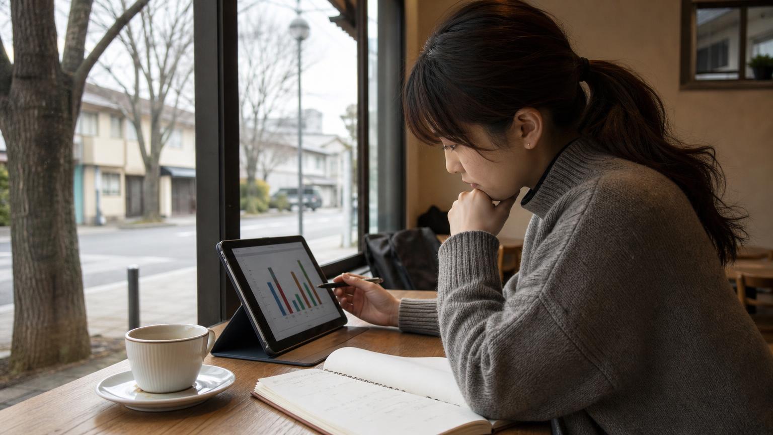 20代の日本人女性が、競馬のデータを見ながら考えている場面