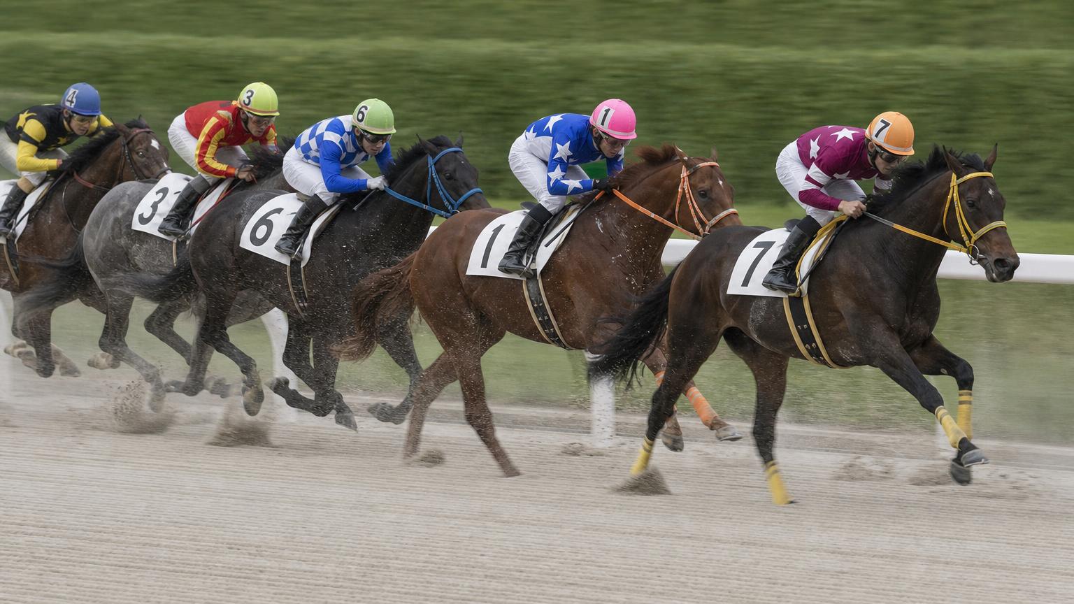 姫路競馬場をイメージした砂のコース。内ラチ沿いに一列で連なる競走馬の一団が、砂を巻き上げながら走っている