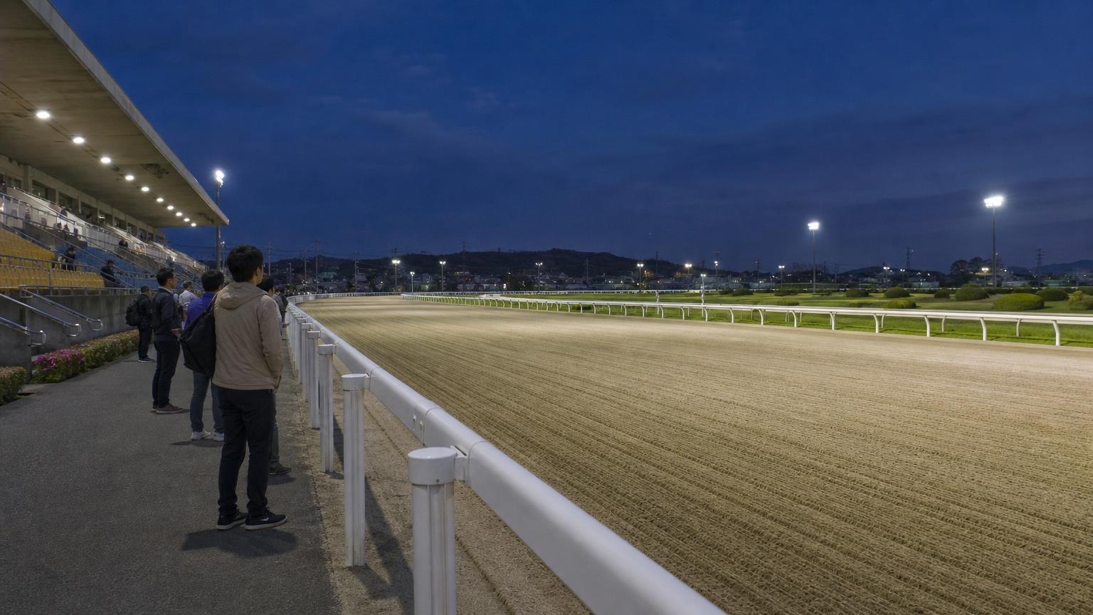 名古屋（弥富）競馬場をイメージした地方競馬場の全景。手前にスタンドと立ち見の広場、その先の外ラチの向こうに砂のコースが広がっている