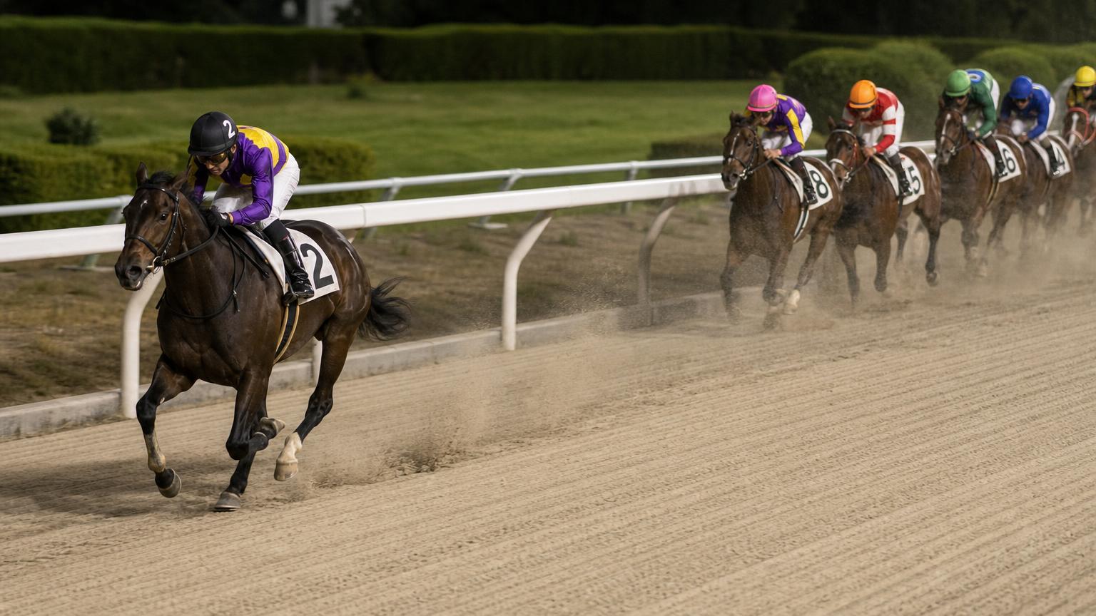 名古屋（弥富）競馬場をイメージした砂のコースで、内ラチ沿いを単騎で先頭を走る競走馬と騎手。後続の一団は数馬身うしろに固まっている
