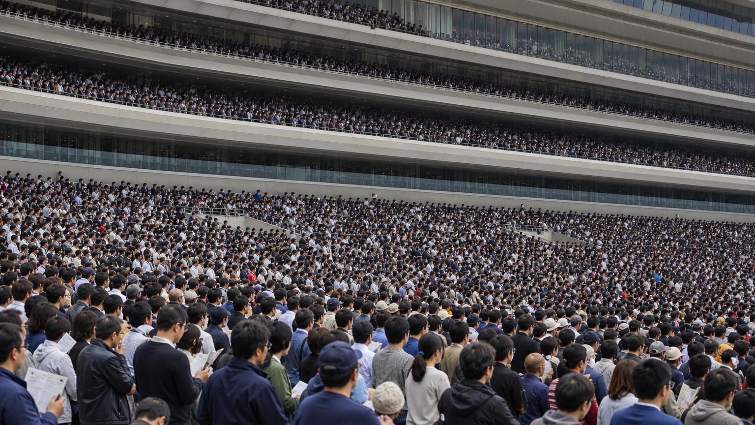 中央競馬場の満員のスタンド。何万人もの観客が幾層にも重なり、手前の人々は一様にコースの方を向いている