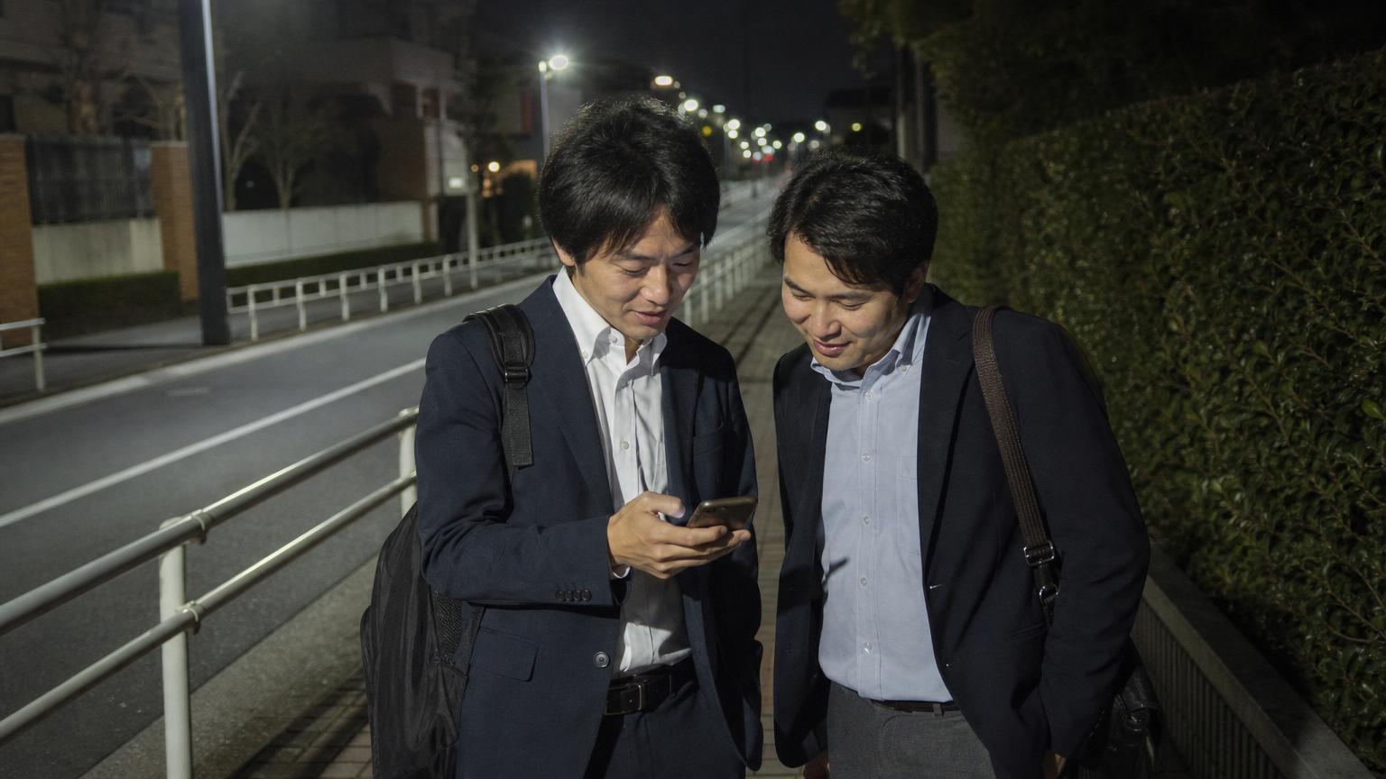30代の日本人男性2人が、競馬のデータを見ながら考えている場面