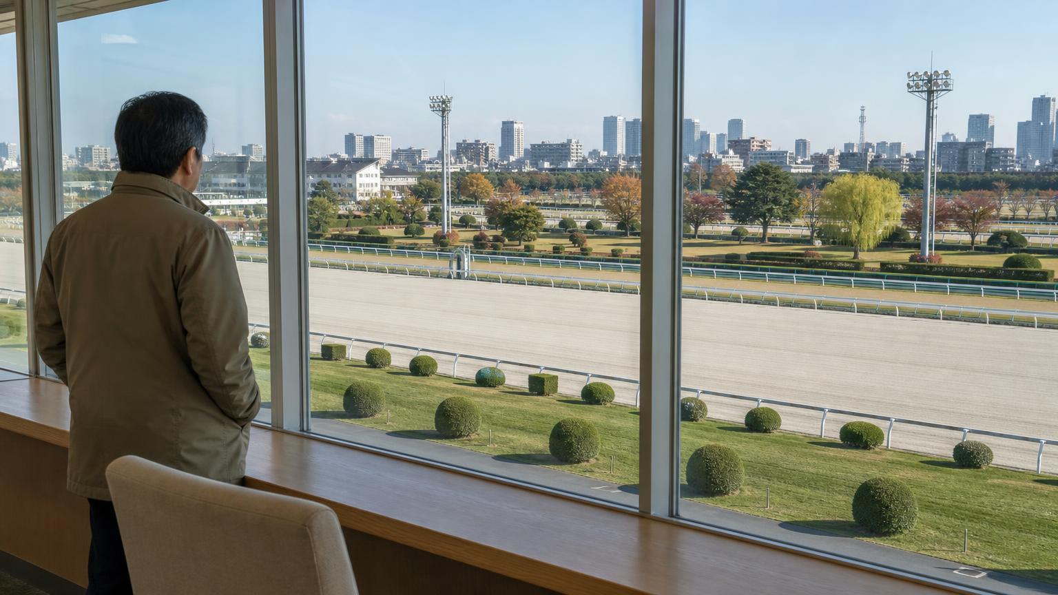 地方競馬の競馬場のスタンドの大きなガラス窓ごしに、晴れた秋の昼のダートコースと内馬場を見渡した画像