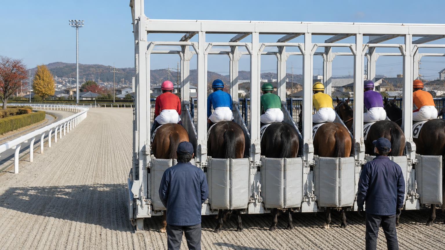 地方競馬のダートコースで、発馬機に入って発走を待つ競走馬と騎手たちを後ろから描いた画像