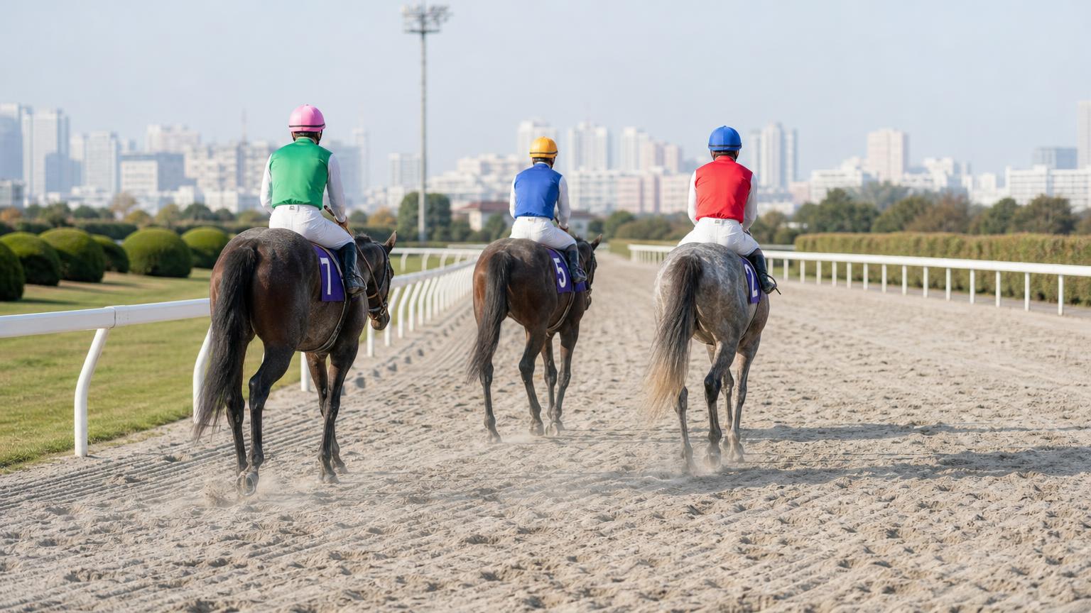 地方競馬のダートコースで、レースを終えて並んで引き揚げていく3頭の競走馬と騎手を斜め後ろから描いた画像