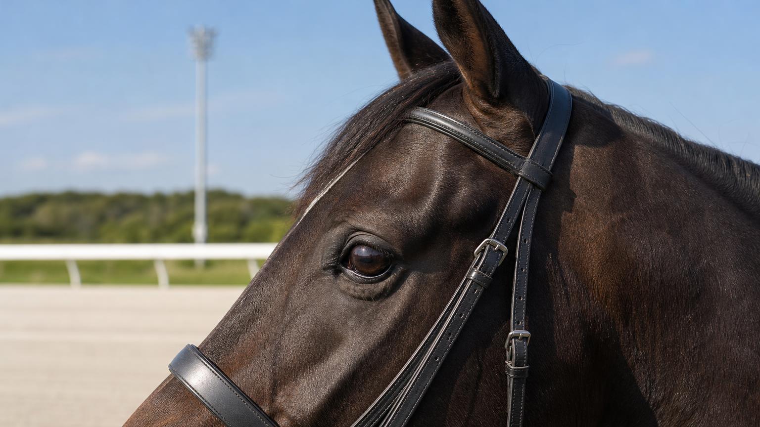 地方競馬のダートコースで、発走を待つ競走馬の目と耳のあたりを横から寄りで描いた画像