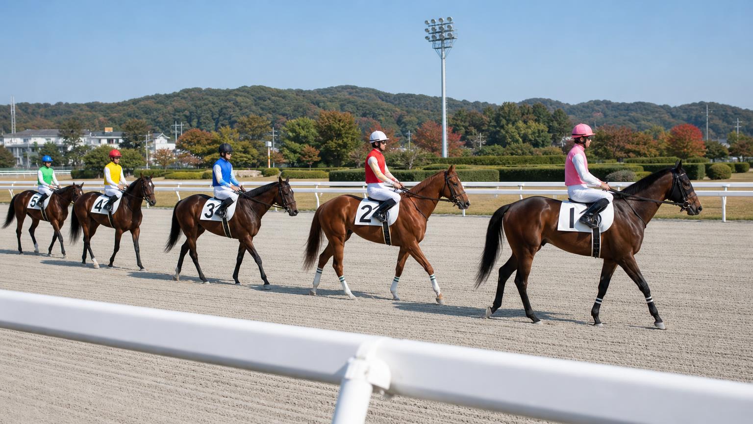 地方競馬のダートコースで、発走の前に1頭ずつ順番にコースへ出て歩く競走馬と騎手たちを、柵ごしに横から描いた画像